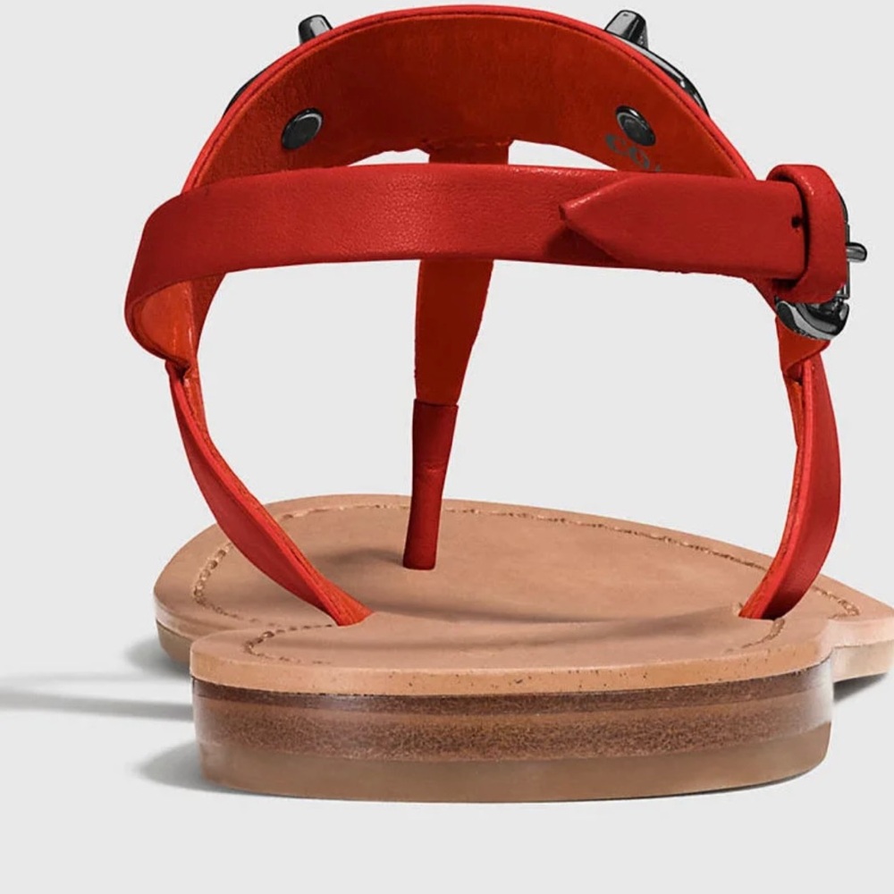 Coach Gracie Swagger Orange-Rust Orange Turn Lock Leather T Strap Sandals. - Picture 8 of 14